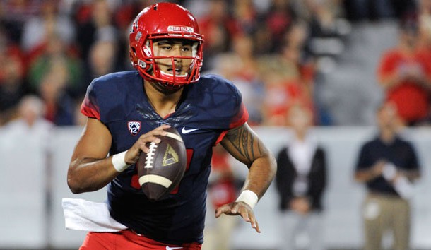 Sep 3, 2015; Tucson, AZ, USA; Arizona Wildcats quarterback Anu Solomon (12) looks to pass during the first quarter against the Texas-San Antonio Roadrunners at Arizona Stadium. Arizona won 42-32. Mandatory Credit: Casey Sapio-USA TODAY Sports