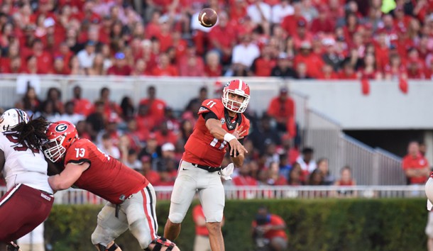 Sep 19, 2015; Athens, GA, USA; Georgia Bulldogs quarterback Greyson Lambert (11) passes against the South Carolina Gamecocks during the first half at Sanford Stadium. Georgia defeated South Carolina 52-20. Mandatory Credit: Dale Zanine-USA TODAY Sports