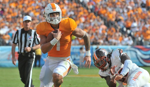 Sep 5, 2015; Nashville, TN, USA; Tennessee Volunteers running back Jalen Hurd (1) rushes for a touchdown against the Bowling Green Falcons during the first half at Nissan Stadium. Mandatory Credit: Jim Brown-USA TODAY Sports