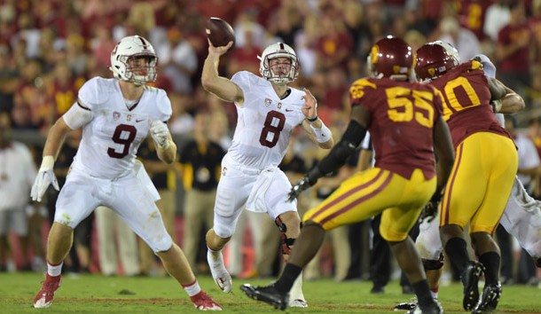 Sep 19, 2015; Los Angeles, CA, USA; Stanford Cardinal quarterback Kevin Hogan (8) throws a pass against the Southern California Trojans at Los Angeles Memorial Coliseum. Mandatory Credit: Kirby Lee-USA TODAY Sports