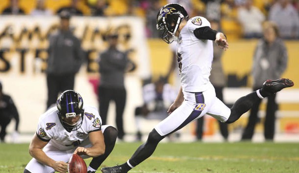 Oct 1, 2015; Pittsburgh, PA, USA; Baltimore Ravens kicker Justin Tucker (9) kicks a game winning fifty-two yard field goal to defeat the Pittsburgh Steelers in overtime at Heinz Field. The Ravens won 23-20 in overtime. Mandatory Credit: Charles LeClaire-USA TODAY Sports