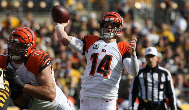 Nov 1, 2015; Pittsburgh, PA, USA; Cincinnati Bengals quarterback Andy Dalton (14) throws a pass against the Pittsburgh Steelers during the first half at Heinz Field. Mandatory Credit: Jason Bridge-USA TODAY Sports