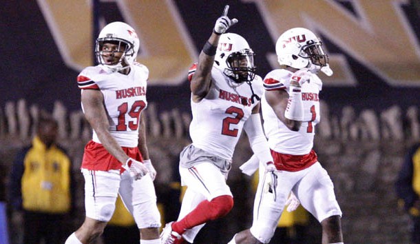 Nov 3, 2015; Toledo, OH, USA; Northern Illinois Huskies safety Marlon Moore (2) celebrates after a turnover during the fourth quarter against the Toledo Rockets at Glass Bowl. Huskies win 32-27. Mandatory Credit: Raj Mehta-USA TODAY Sports