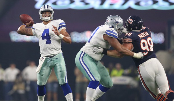 Sep 25, 2016; Arlington, TX, USA; Dallas Cowboys quarterback Dak Prescott (4) throws in the pocket against the Chicago Bears at AT&T Stadium. Photo Credit: Matthew Emmons-USA TODAY Sports