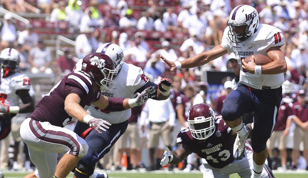 Sep 3, 2016; Starkville, MS, USA; South Alabama Jaguars quarterback Dallas Davis (11) runs the ball during the fourth quarter of the game against the Mississippi State Bulldogs at Davis Wade Stadium. South Alabama won 21-20. Photo Credit: Matt Bush-USA TODAY Sports