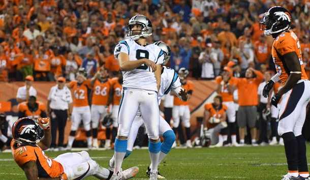 Sep 8, 2016; Denver, CO, USA; Carolina Panthers kicker Graham Gano (9) misses a fifty yard field goal attempt in the fourth quarter against the Denver Broncos at Sports Authority Field at Mile High. The Broncos defeated the Panthers 21-20. Photo Credit: Ron Chenoy-USA TODAY Sports