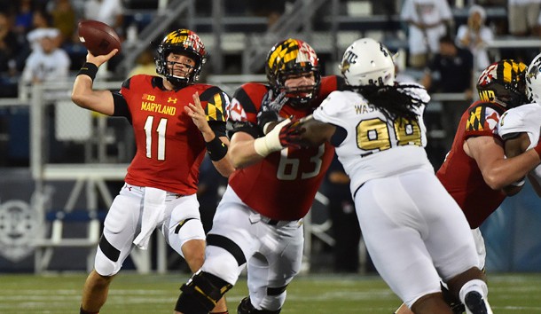 Sep 9, 2016; Miami, FL, USA; Maryland Terrapins quarterback Perry Hills (11) attempts a pass against the FIU Golden Panthers during the first half at FIU Stadium. Mandatory Credit: Jasen Vinlove-USA TODAY Sports