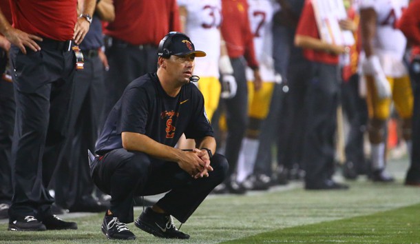 Sep 26, 2015; Tempe, AZ, USA; Southern California Trojans head coach Steve Sarkisian reacts against the Arizona State Sun Devils at Sun Devil Stadium. The Trojans defeated the Sun Devils 42-14. Mandatory Credit: Mark J. Rebilas-USA TODAY Sports