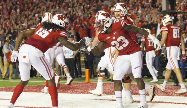 Oct 29, 2016; Madison, WI, USA; Wisconsin Badgers running back Dare Ogunbowale (23) and wide receiver Robert Wheelwright (15) celebrate after scoring a touchdown during overtime against the Nebraska Cornhuskers at Camp Randall Stadium. Wisconsin won 23-17. Photo Credit: Jeff Hanisch-USA TODAY Sports