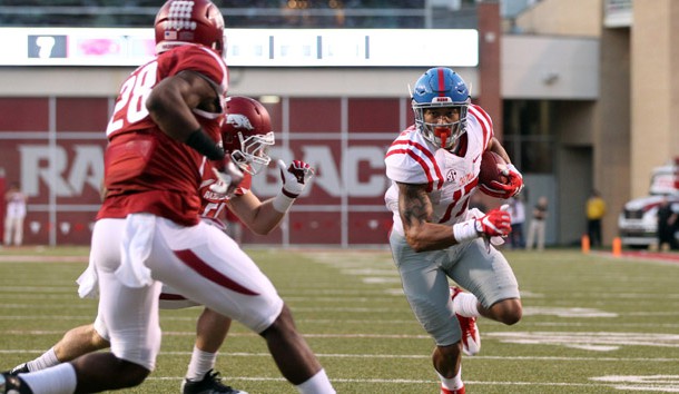 Oct 15, 2016; Fayetteville, AR, USA; Ole Miss Rebels tight end Evan Engram (17) runs for a touchdown after a catch against the Arkansas Razorbacks during the first quarter at Donald W. Reynolds Razorback Stadium. Photo Credit: Nelson Chenault-USA TODAY Sports