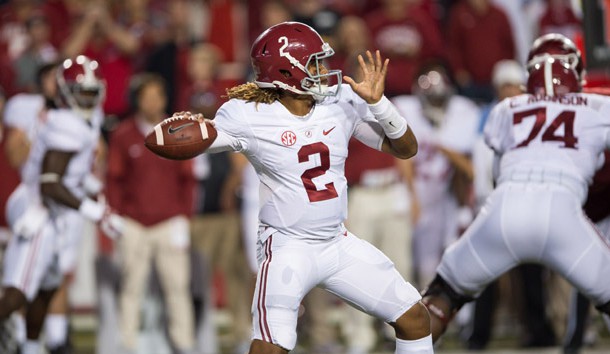 Oct 8, 2016; Fayetteville, AR, USA; Alabama Crimson Tide quarterback Jalen Hurts (2) gets ready to throw during the second quarter against the Arkansas Razorbacks at Donald W. Reynolds Razorback Stadium. Photo Credit: Brett Rojo-USA TODAY Sports
