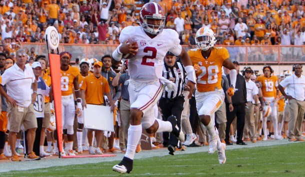 Oct 15, 2016; Knoxville, TN, USA; Alabama Crimson Tide quarterback Jalen Hurts (2) runs the ball against the Tennessee Volunteers during the first half at Neyland Stadium. Photo Credit: Randy Sartin-USA TODAY Sports
