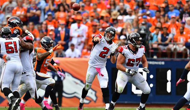 Oct 9, 2016; Denver, CO, USA; Atlanta Falcons quarterback Matt Ryan (2) passes the ball in the second half against the Denver Broncos at Sports Authority Field at Mile High. The Falcons defeated the Broncos 23-16. Photo Credit: Ron Chenoy-USA TODAY Sports