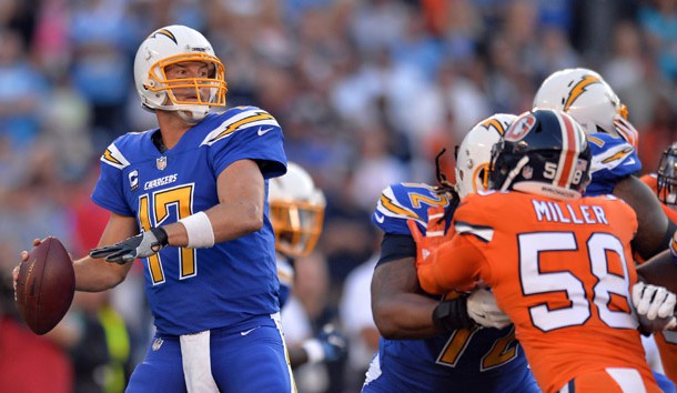Oct 13, 2016; San Diego, CA, USA; San Diego Chargers quarterback Philip Rivers (17) passes during the first quarter against the Denver Broncos at Qualcomm Stadium. Mandatory Credit: Jake Roth-USA TODAY Sports