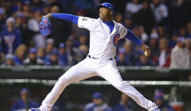 Oct 30, 2016; Chicago, IL, USA; Chicago Cubs relief pitcher Aroldis Chapman (54) delivers a pitch against the Cleveland Indians during the seventh inning in game five of the 2016 World Series at Wrigley Field. Photo Credit: Dennis Wierzbicki-USA TODAY Sports