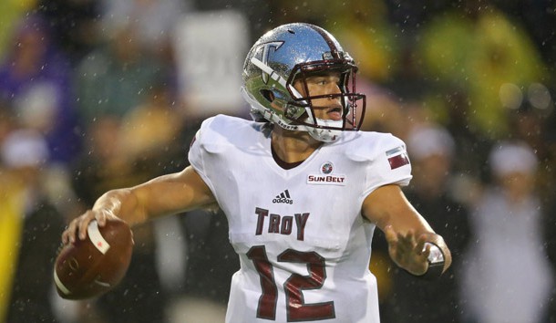 Sep 17, 2016; Hattiesburg, MS, USA; Troy Trojans quarterback Brandon Silvers (12) looks to throw in the first quarter against the Southern Miss Golden Eagles at M.M. Roberts Stadium. Photo Credit: Chuck Cook-USA TODAY Sports