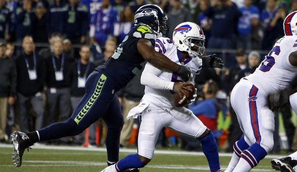 Nov 7, 2016; Seattle, WA, USA; Seattle Seahawks defensive end Cliff Avril (56) sacks Buffalo Bills quarterback Tyrod Taylor (5) during the fourth quarter at CenturyLink Field. Seattle defeated Buffalo, 31-25. Photo Credit: Joe Nicholson-USA TODAY Sports