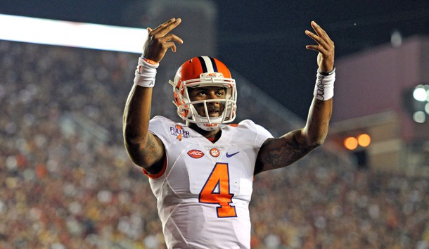 Oct 29, 2016; Tallahassee, FL, USA; Clemson Tigers quarterback Deshaun Watson (4) makes a signal to the crowd after a touchdown during the game against the Florida State Seminoles at Doak Campbell Stadium. Photo Credit: Melina Vastola-USA TODAY Sports