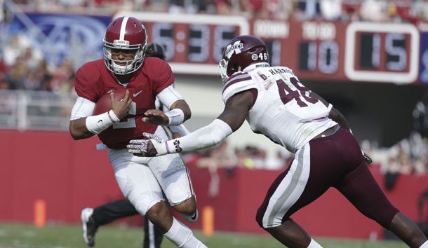Nov 12, 2016; Tuscaloosa, AL, USA; Mississippi State Bulldogs defensive end Chris Redmon (48) reaches out for Alabama Crimson Tide quarterback Jalen Hurts (2) at Bryant-Denny Stadium. The Tide defeated the Bulldogs 51-3. Photo Credit: Marvin Gentry-USA TODAY Sports