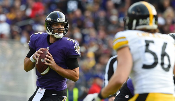Nov 6, 2016; Baltimore, MD, USA; Baltimore Ravens quarterback Joe Flacco (5) drops back to pass during the first quarter against the Pittsburgh Steelers at M&T Bank Stadium. Mandatory Credit: Tommy Gilligan-USA TODAY Sports