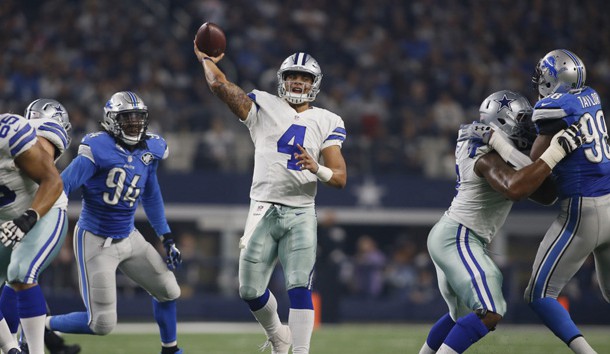 Dec 26, 2016; Arlington, TX, USA; Dallas Cowboys quarterback Dak Prescott (4) throws a touchdown pass in the second quarter against the Detroit Lions at AT&T Stadium. Photo Credit: Tim Heitman-USA TODAY Sports