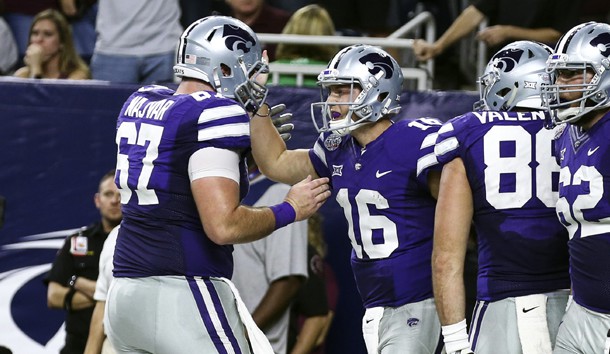 Dec 28, 2016; Houston, TX, USA; Kansas State Wildcats quarterback Jesse Ertz (16) celebrates with offensive lineman Reid Najvar (67) after scoring a touchdown during the second quarter against the Texas A&M Aggies at NRG Stadium. Photo Credit: Troy Taormina-USA TODAY Sports