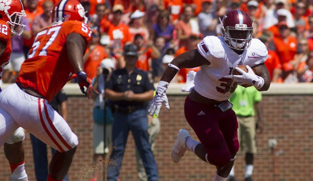 Sep 10, 2016; Clemson, SC, USA; Troy Trojans running back Jordan Chunn (38) carries the ball during the first quarter against the Clemson Tigers at Clemson Memorial Stadium. Photo Credit: Joshua S. Kelly-USA TODAY Sports