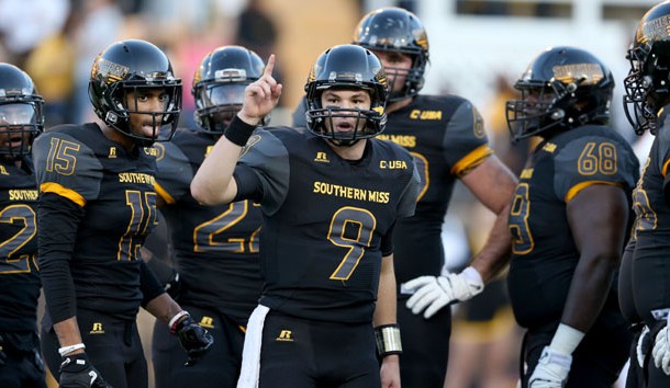 Nov 25, 2016; Hattiesburg, MS, USA; Southern Miss Golden Eagles quarterback Nick Mullens (9) gestures during their game against the Louisiana Tech Bulldogs in the second quarter at M.M. Roberts Stadium. Photo Credit: Chuck Cook-USA TODAY Sports