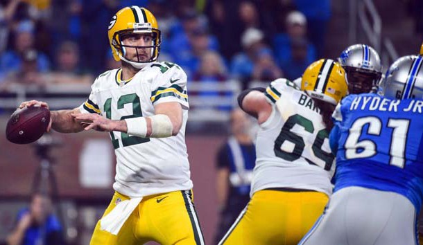 Jan 1, 2017; Detroit, MI, USA; Green Bay Packers quarterback Aaron Rodgers (12) drops back to pass during the third quarter against the Detroit Lions at Ford Field. Photo Credit: Tim Fuller-USA TODAY Sports