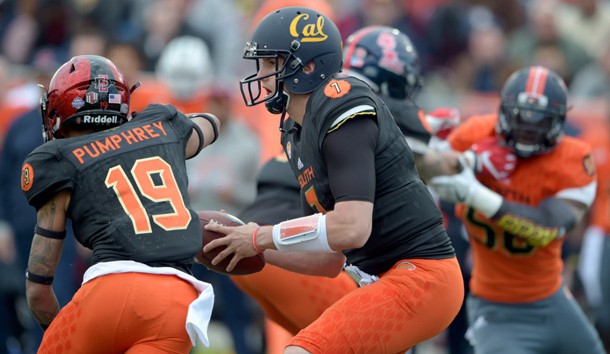 Jan 28, 2017; Mobile, AL, USA; South squad quarterback Davis Webb of California (7) drops back to pass during the second quarter of the 2017 Senior Bowl at Ladd-Peebles Stadium. Photo Credit: Glenn Andrews-USA TODAY Sports