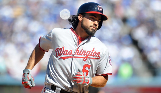 Oct 10, 2016; Los Angeles, CA, USA; Washington Nationals third baseman Anthony Rendon (6) hits a two run home run during the third inning against the Los Angeles Dodgers in game three of the 2016 NLDS playoff baseball series at Dodger Stadium. Photo Credit: Gary A. Vasquez-USA TODAY Sports