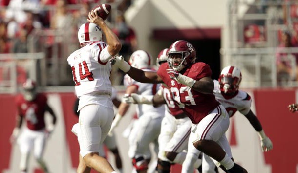 Sep 10, 2016; Tuscaloosa, AL, USA; Alabama Crimson Tide defensive lineman Jonathan Allen (93) puts the pressure on Western Kentucky Hilltoppers quarterback Mike White (14) at Bryant-Denny Stadium. Photo Credit: Marvin Gentry-USA TODAY Sports