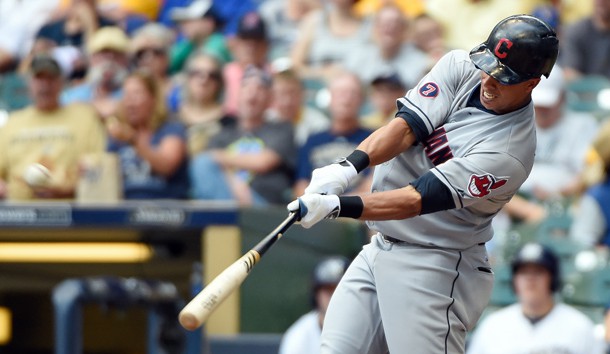 Jul 22, 2015; Milwaukee, WI, USA; Cleveland Indians center fielder Michael Brantley (23) hits a three-run home run in the third inning against the Milwaukee Brewers at Miller Park. Photo Credit: Benny Sieu-USA TODAY Sports