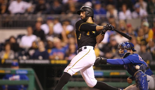 Sep 26, 2016; Pittsburgh, PA, USA; Pittsburgh Pirates second baseman Sean Rodriguez (3) singles against the Chicago Cubs during the sixth inning at PNC Park. Photo Credit: Charles LeClaire-USA TODAY Sports