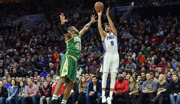 Mar 19, 2017; Philadelphia, PA, USA; Philadelphia 76ers forward Dario Saric (9) shoots the ball as Boston Celtics center Al Horford (42) defends during the fourth quarter of the game at the Wells Fargo Center. The 76ers won 105-99. Photo Credit: John Geliebter-USA TODAY Sports