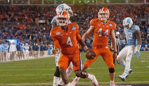 Dec 5, 2015; Charlotte, NC, USA; Clemson Tigers quarterback Deshaun Watson (40 scores a touchdown in the fourth quarter against the North Carolina Tar Heels in the ACC football championship game at Bank of America Stadium. Mandatory Credit: Jeremy Brevard-USA TODAY Sports