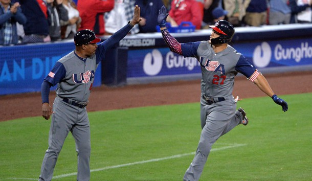 Mar 18, 2017; San Diego, CA, USA; United States outfielder Giancarlo Stanton (27) rounds the bases after hitting a two run home run during the fourth inning against the Dominican Republic during the 2017 World Baseball Classic at Petco Park. Photo Credit: Orlando Ramirez-USA TODAY Sports