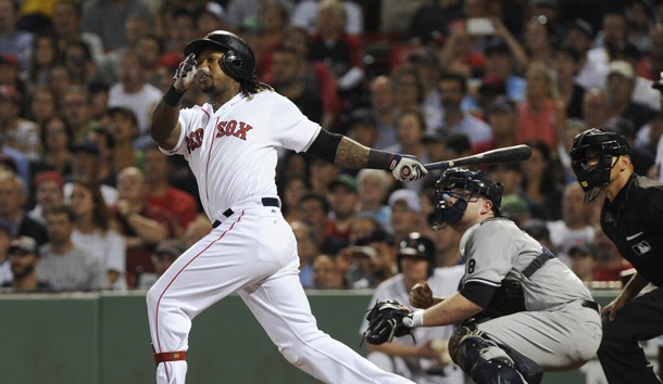 Sep 18, 2016; Boston, MA, USA; Boston Red Sox first baseman Hanley Ramirez (13) hits a three run home run during the fifth inning against the New York Yankees at Fenway Park. Photo Credit: Bob DeChiara-USA TODAY Sports