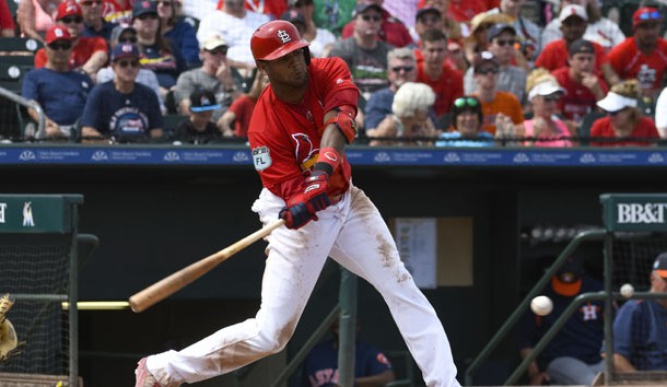 Mar 13, 2017; Jupiter, FL, USA; St. Louis Cardinals first baseman Jose Martinez (58) connects for a 2 run single against the Houston Astros during a spring training game at Roger Dean Stadium. The Cardinals defeated the Astros 6-3. Photo Credit: Scott Rovak-USA TODAY Sports