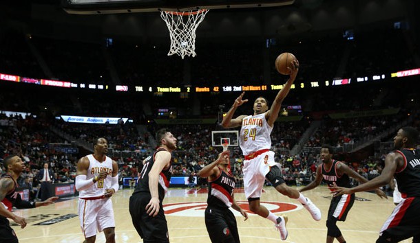 Mar 18, 2017; Atlanta, GA, USA; Atlanta Hawks forward Kent Bazemore (24) attempts a shot in the second quarter of their game against the Portland Trail Blazers at Philips Arena. Photo Credit: Jason Getz-USA TODAY Sports