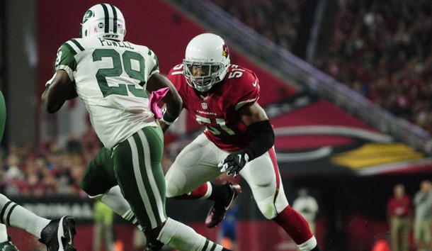 Oct 17, 2016; Glendale, AZ, USA; Arizona Cardinals middle linebacker Kevin Minter (51) defends against New York Jets running back Bilal Powell (29) during the first half at University of Phoenix Stadium. Photo Credit: Matt Kartozian-USA TODAY Sports