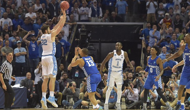 Mar 26, 2017; Memphis, TN, USA; Mar 26, 2017; Memphis, TN, USA; North Carolina Tar Heels forward Luke Maye (32) makes a basket with .3 seconds left over Kentucky Wildcats guard Isaiah Briscoe (13) in the second half during the finals of the South Regional of the 2017 NCAA Tournament at FedExForum. North Carolina won 75-73. Photo Credit: Justin Ford-USA TODAY Sports