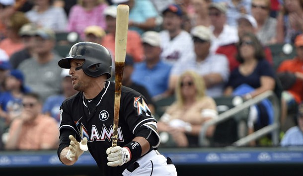 Feb 28, 2017; Jupiter, FL, USA; Miami Marlins third baseman Martin Prado (14) at bat against the New York Mets during a spring training game at Roger Dean Stadium. Photo Credit: Steve Mitchell-USA TODAY Sports