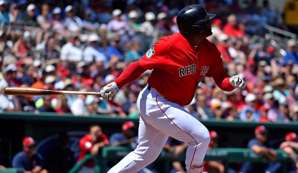 Mar 20, 2017; Fort Myers, FL, USA; Boston Red Sox third baseman Pablo Sandoval (48) doubles in two runs against the Baltimore Orioles during a spring training game at JetBlue Park. Photo Credit: Jasen Vinlove-USA TODAY Sports