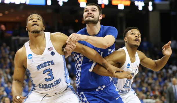 Mar 26, 2017; Memphis, TN, USA; North Carolina Tar Heels forward Kennedy Meeks (3) and guard Nate Britt (0) box out against Kentucky Wildcats forward Isaac Humphries (15) in the first half during the finals of the South Regional of the 2017 NCAA Tournament at FedExForum. Photo Credit: Nelson Chenault-USA TODAY Sports
