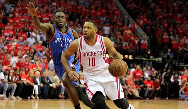 Apr 19, 2017; Houston, TX, USA; Houston Rockets guard Eric Gordon (10) drives to the basket while Oklahoma City Thunder forward Jerami Grant (9) defends during the fourth quarter in game two of the first round of the 2017 NBA Playoffs at Toyota Center. Photo Credit: Erik Williams-USA TODAY Sports