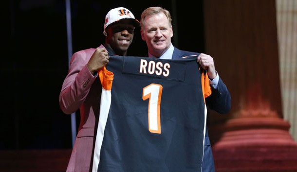 Apr 27, 2017; Philadelphia, PA, USA; John Ross (Washington) poses with NFL commissioner Roger Goodell (right) as he is selected as the number 9 overall pick to the Cincinnati Bengals in the first round the 2017 NFL Draft at the Philadelphia Museum of Art. Mandatory Credit: Bill Streicher-USA TODAY Sports