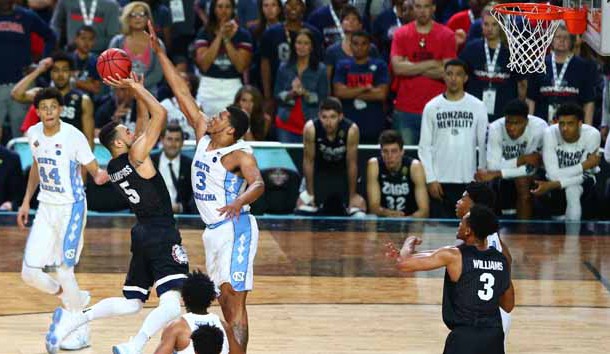 Apr 3, 2017; Phoenix, AZ, USA; North Carolina Tar Heels forward Kennedy Meeks (3) guards a shot by Gonzaga Bulldogs guard Nigel Williams-Goss (5) during the second half in the championship game of the 2017 NCAA Men's Final Four at University of Phoenix Stadium. Photo Credit: Mark J. Rebilas-USA TODAY Sports
