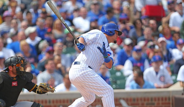 Apr 16, 2017; Chicago, IL, USA; Chicago Cubs left fielder Kyle Schwarber (12) hits a single during the first inning against the Pittsburgh Pirates at Wrigley Field. Photo Credit: Dennis Wierzbicki-USA TODAY Sports