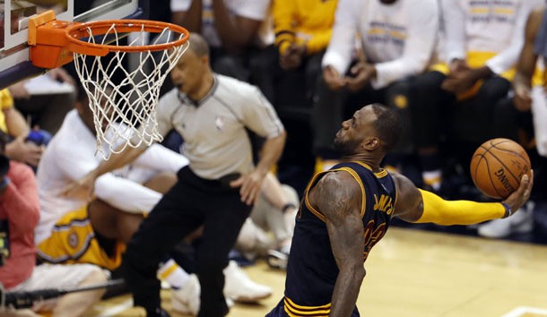 Apr 20, 2017; Indianapolis, IN, USA; Cleveland Cavaliers forward LeBron James (23) dunks against the Indiana Pacers in game three of the first round of the 2017 NBA Playoffs at Bankers Life Fieldhouse. Cleveland defeats Indiana 119-114. Photo Credit: Brian Spurlock-USA TODAY Sports